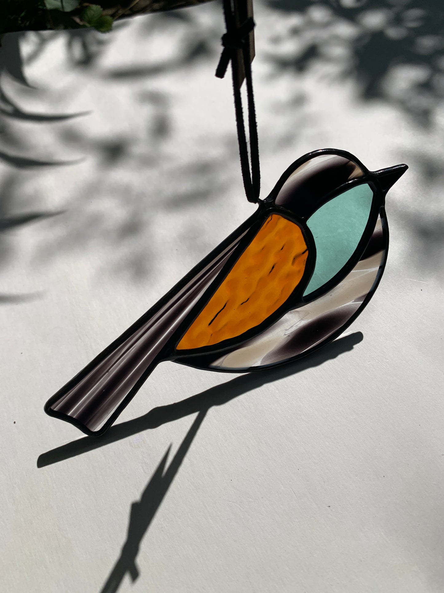 Colorful Bird Friend • Teal, Amber Orange, Black, White
