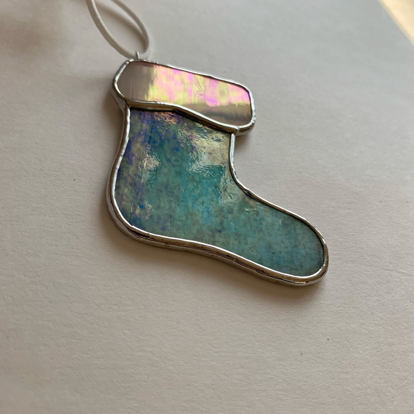 Stocking Ornament • Iridescent Turquoise/White