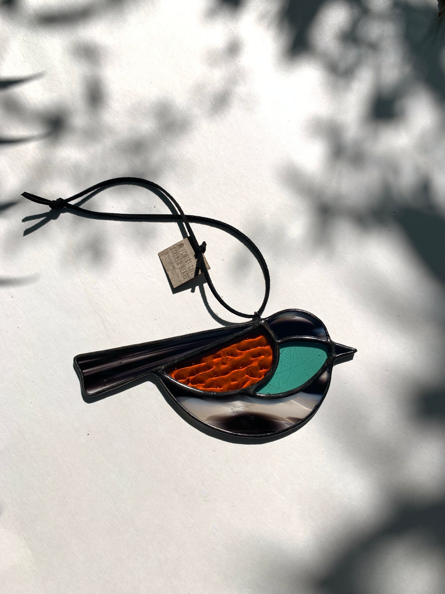 Colorful Bird Friend • Teal, Amber Orange, Black, White